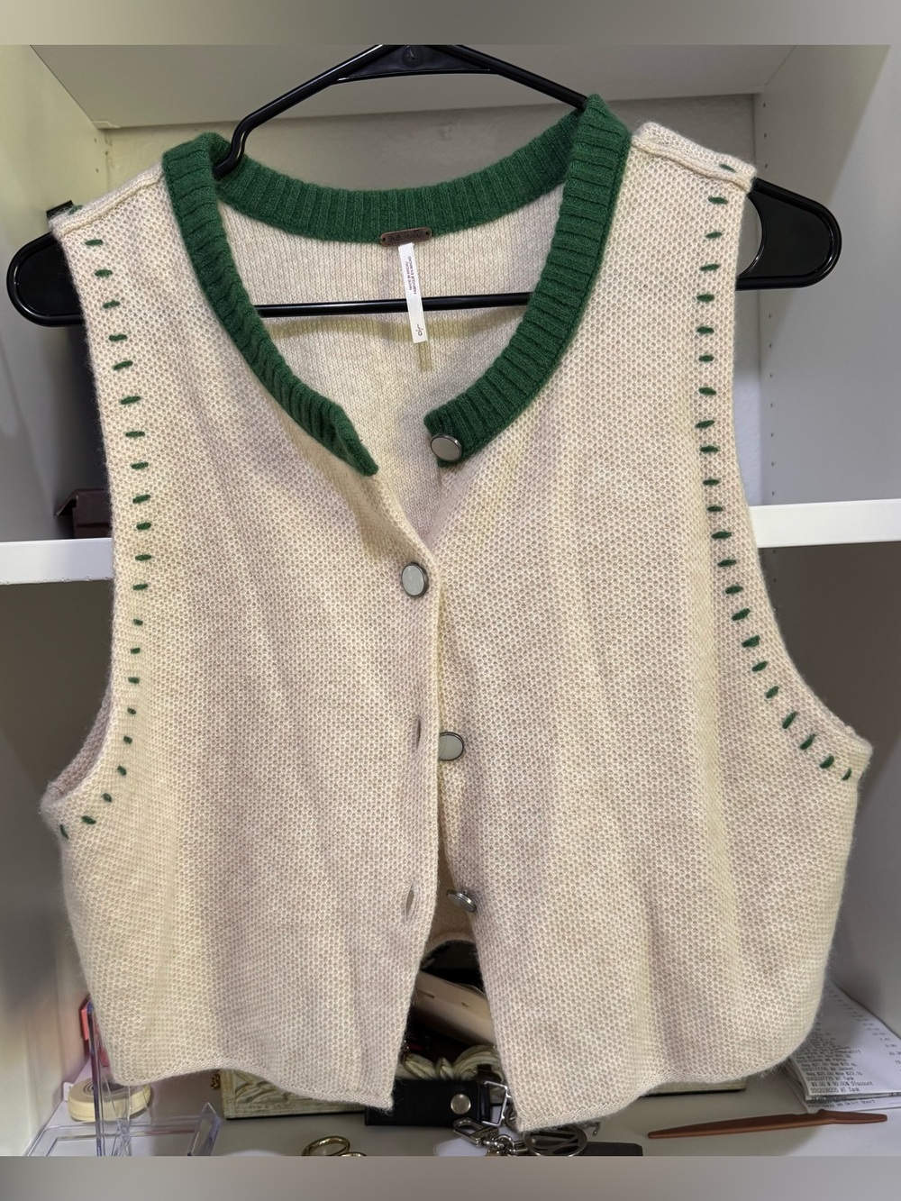 Free People Cashmere Cream Knit Button Cardigan Vest with Green Trim